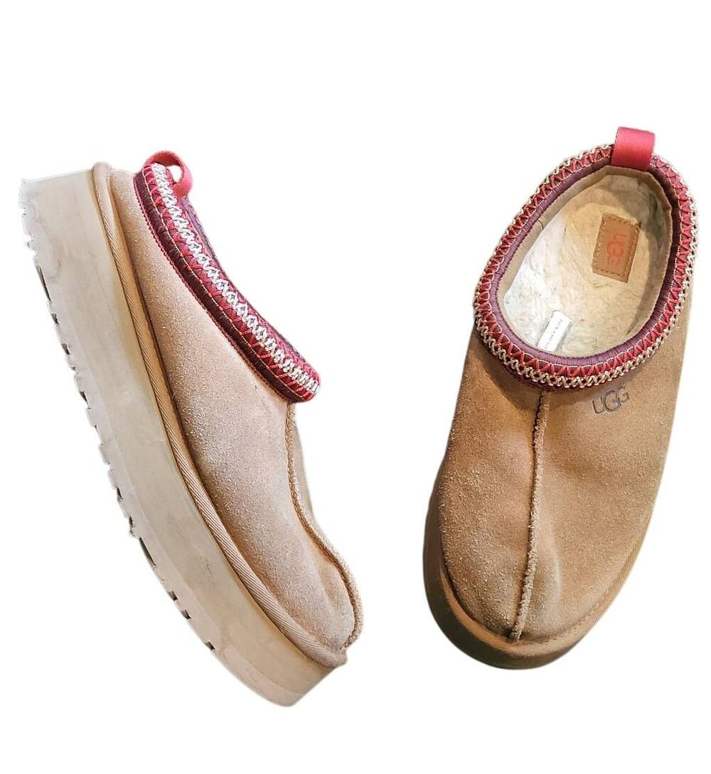 UGG Slippers Women's 9 Tan Tazz II Suede Platform Clog Cozy Sheepskin Lined